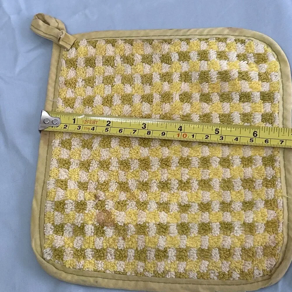 Vintage Cannon USA Cotton Terry Potholders Mustard Checkered 1970’s Distressed